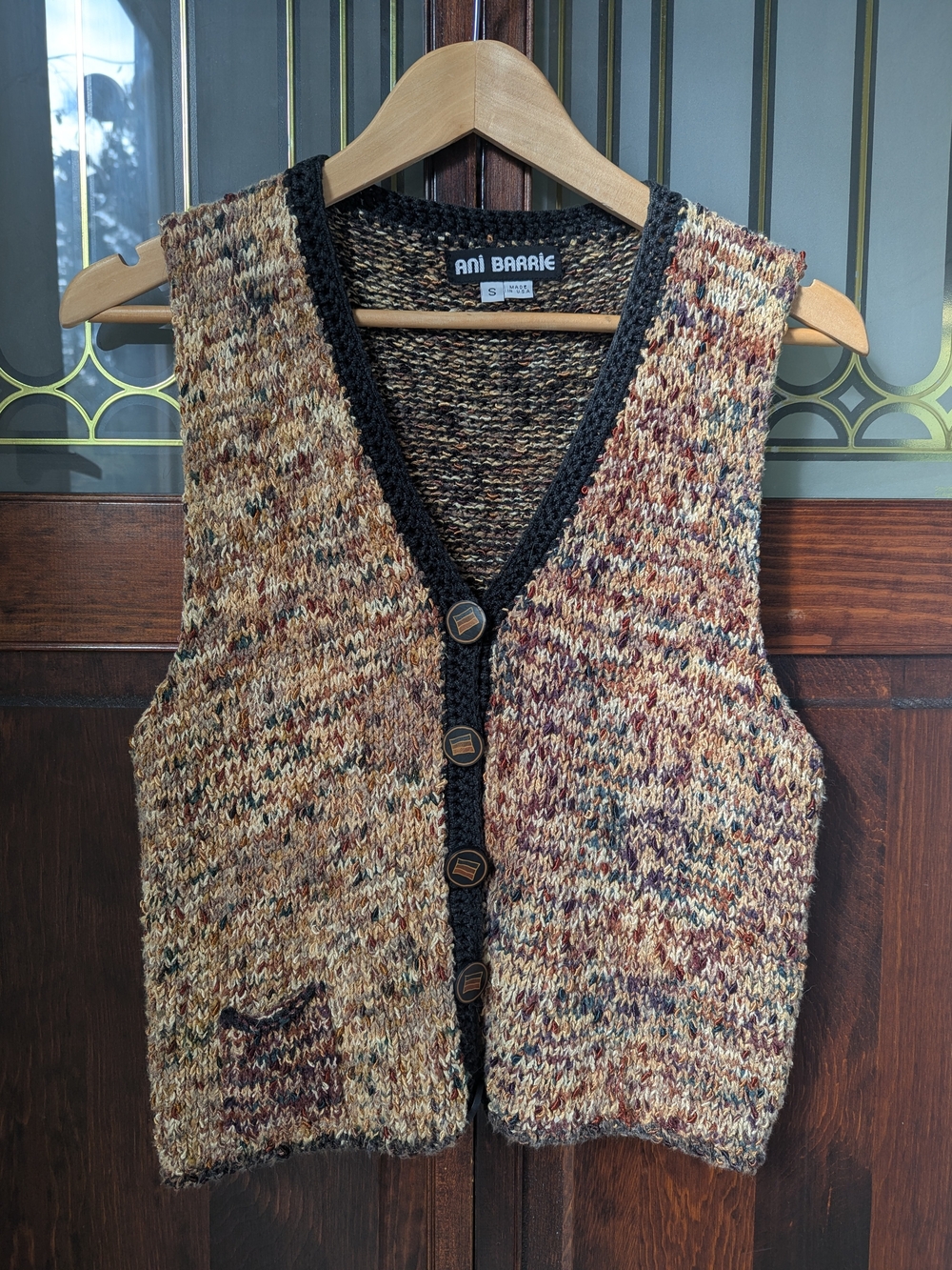 Vintage Multicolor Knit V-Neck Button Vest - Tan/Black